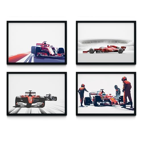 MJ-GRAPHICS® Poster Set Ferrari Rot Autos, Poster Formel 1 Deko, 4xA4 Rennstrecke F1 Bilder Kinderzimmer Deko Kinderzimmer Junge, Poster Kinderzimmer, Büro Bilder, Poster Gaming Zimmer ohne Rahmen von MJ-GRAPHICS