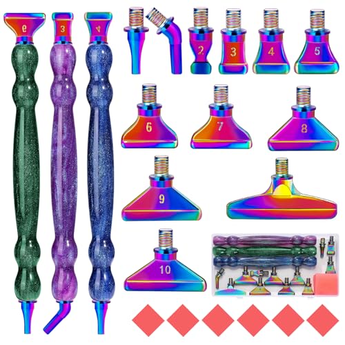 MJARTORIA 5D Diamond Painting Zubehör Diamond Painting Stift Set, Glitzer Ergonomischer Drill Pen mit Gewinde Metall Ersatz Stiftköpfen Kleber für Mosaikherstellung Nagelkunst(22erS Mehrfarbig Set3) von MJARTORIA