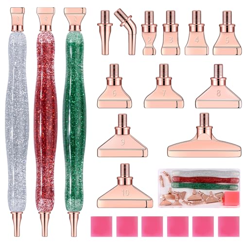 MJARTORIA 5D Diamond Painting Zubehör Diamond Painting Stift Set Weihnachten Glitzer, Drill Pen mit Gewinde Metall Ersatz Stiftköpfen Kleber für Mosaikherstellung(22PCS Silber Rot Grün Rosegold) von MJARTORIA