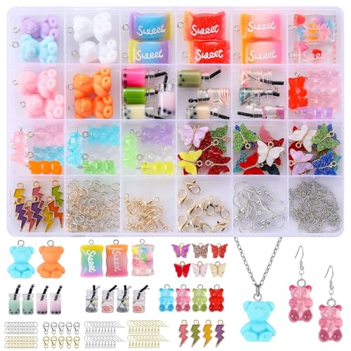 MJARTORIA Charms Anhänger Set, Schmuck Selber Machen Set für Ohrringe Armband Halskette Schlüsselanhänger, Schmetterling Bär Bubble Tea Süßigkeiten, DIY Geschenk für Kinder Erwachsene (Mehrfarbig) von MJARTORIA