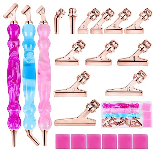 MJARTORIA Ergonomischer Diamond Painting Stift Metall, Diamond Painting Zubehör mit Gewinde Ersatz Stiftköpfen, 5D Drill Pen für Nagelkunst Diamanten Malerei(22PCS Rosegold，45° Winkel) von MJARTORIA