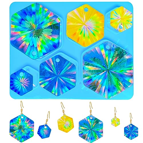 MJARTORIA Ohrringe Harz Gießform Resin Silikonform Schmuck Epoxidharz Formen Silikon Holografisch Effekt DIY Earring Resin Mold Anhänger für Kette Tasche Handwerk Deko(Blau Fünfeck) von MJARTORIA