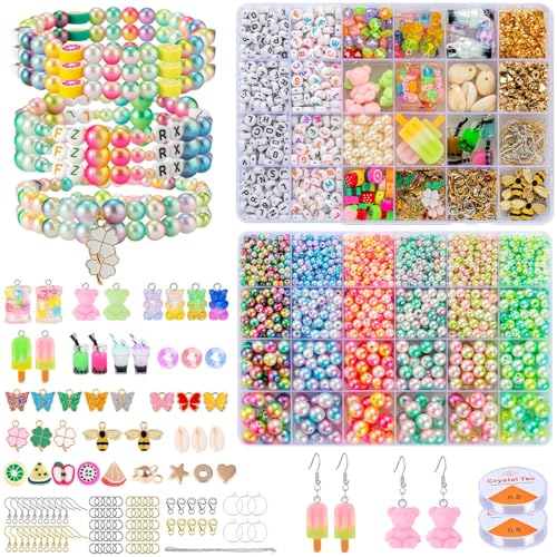 MJARTORIA Perlen zum Auffädeln Bunte Perlen Set, Perlen für Armbänder Ohrringe Kette Schmuck Selber Machen Set, DIY Charms Schmetterling Bär Anhänger für Kinder Erwachsene (Bunt Perlen) von MJARTORIA