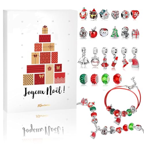 MJARTORIA Roter Schmuck Adventskalender für Mädchen-Roter 2024 Schmuck Weihnachts-Countdown-Inklusive Roter Weihnachtsmann Metallanhänger Perlen DIY Herstellungsset Schmuckgeschenke von MJARTORIA