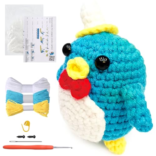 MJARTORIA Strickset Häkelset für Anfänger Tiere, Häckeln Stricken für Anfänger Set mit Anleitung Häkelnadeln Garn, Kreativ Strickset Bastelset Erwachsene Kinder Geschenk(Blau Pinguine) von MJARTORIA