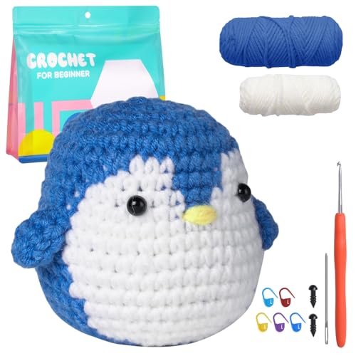 MJARTORIA Strickset Häkelset für Anfänger Tiere, Häckeln Stricken für Anfänger Set mit Anleitung Häkelnadeln Garn, Kreativ Strickset Bastelset Erwachsene Kinder Geschenk (Blau Pinguin) von MJARTORIA