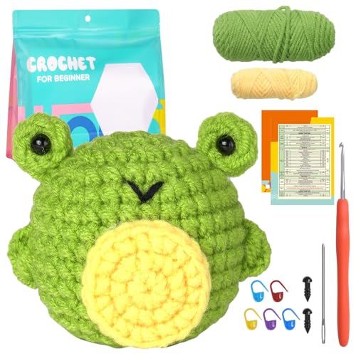 MJARTORIA Strickset Häkelset für Anfänger Tiere, Häckeln Stricken für Anfänger Set mit Anleitung Häkelnadeln Garn, Kreativ Strickset Bastelset Erwachsene Kinder Geschenk (Grün Frosch) von MJARTORIA