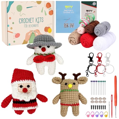 MJARTORIA Weihnachten Häkelset für Anfänger, Häckeln Stricken für Anfänger Set mit Anleitung Häkelnadeln Garn, Kreativ Strickset Bastelset Erwachsene Kinder Geschenk Weihnachtsmann(Bunt Set1) von MJARTORIA