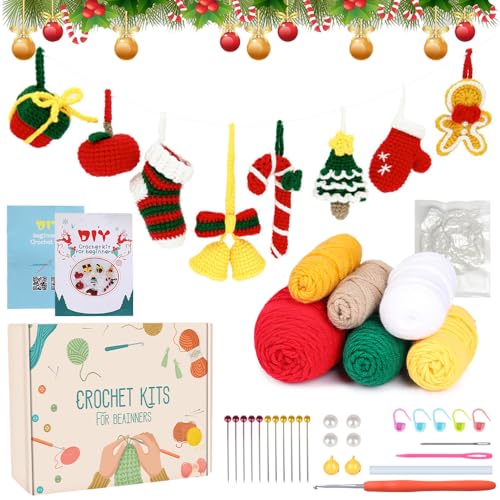 MJARTORIA Weihnachten Häkelset für Anfänger, Häckeln Stricken für Anfänger Set mit Anleitung Häkelnadeln Garn, Kreativ Strickset Bastelset Erwachsene Kinder Geschenk Weihnachtsmann(Bunt Set2) von MJARTORIA