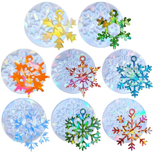 MJARTORIA Weihnachten Resin Silikonform Epoxidharz Formen Silikon Holografisch Effekt DIY Gießform Harz Silikonformen für Schneeflocken Weihnachtsbaum Deko Geschenk Anhänger(Weiss 8PCS) von MJARTORIA