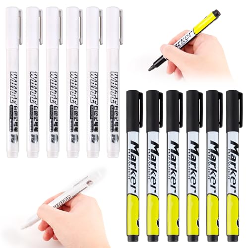 MJFENDAI 12 Pack 1mm Fine Tip Permanent Marker, Weiße Acrylstifte für Steine, Wasserfest Marker Stifte für Steine Holz Metall Leder Keramik Kinder DIY (6 Weiße und 6 Schwarze) von MJFENDAI