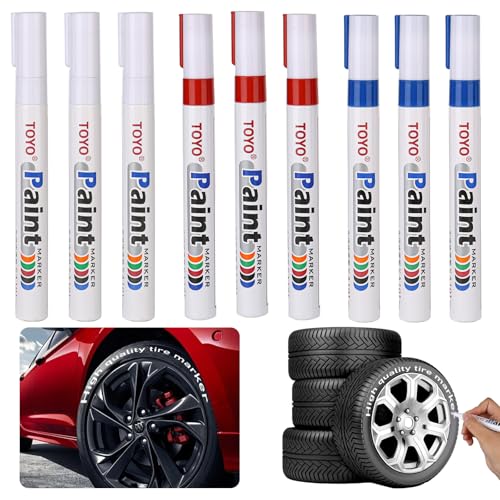 MJFENDAI 9 Stück Auto Reifenmarkierungsstift, Schnell Trocknender Wasserfeste Lackstift, Permanent Marker Weiß für Auto Motorrad Reifen, Autoreifen, Glass Holz, Metall (3 Rot, 3 Weiß, 3 Blau) von MJFENDAI