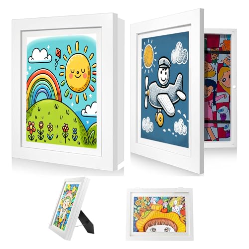 MJLOMJ 2 Stück A4 Bilderrahmen für Kinderzeichnungen - Aufklappbarer Kunstbilderrahmen, Frontöffnung zum leichten Wechseln, Befüllbarer Fotorahmen für Kreative Kinderkunst (Weiß) von MJLOMJ