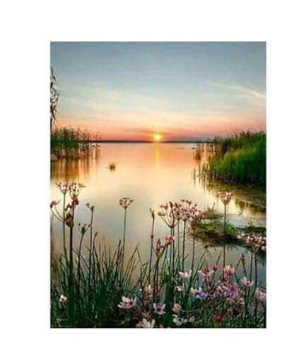 MKANLKX 5D DIY Diamond Painting, Lake Sunset Landscape Diamond Mosaic Picture, Full Round Drill Handwork Embroidery Kits Gift A 40X50Cm von MKANLKX