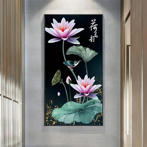 MKANLKX 5D DIY Diamond Painting, Lotus Chinese Full Round Drill Diamond Mosaic Handicraft Embroidery, Home Decor 30X60Cm von MKANLKX