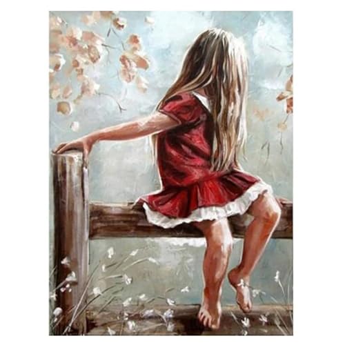 MKANLKX 5D DIY Diamond Painting, Red Skirt Cute Girl Diamond Mosaic Picture, Full Round Drill Handwork Embroidery Kits Gift 40X50Cm von MKANLKX