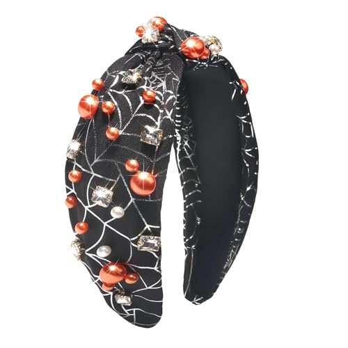 MKEMQXBEP Stirnband 1 Stück Halloween-Stirnband mit Knoten, for Damen, Totenkopf, Geist, Spinnennetz, Knoten, Perlen, Perlen, Haarband, Halloween-Haar-Accessoires, Party (schwarz)(Cobweb-Black) von MKEMQXBEP