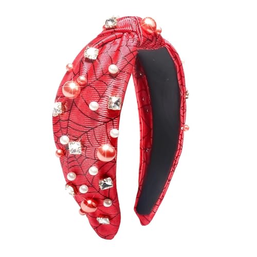 MKEMQXBEP Stirnband 1 Stück Halloween-Stirnband mit Knoten, for Damen, Totenkopf, Geist, Spinnennetz, Knoten, Perlen, Perlen, Haarband, Halloween-Haar-Accessoires, Party (schwarz)(Cobweb-red) von MKEMQXBEP