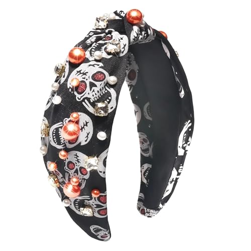 MKEMQXBEP Stirnband 1 Stück Halloween-Stirnband mit Knoten, for Damen, Totenkopf, Geist, Spinnennetz, Knoten, Perlen, Perlen, Haarband, Halloween-Haar-Accessoires, Party (schwarz)(Skull-Black) von MKEMQXBEP