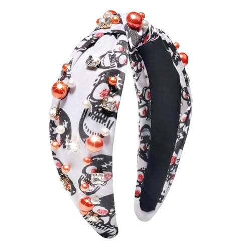 MKEMQXBEP Stirnband 1 Stück Halloween-Stirnband mit Knoten, for Damen, Totenkopf, Geist, Spinnennetz, Knoten, Perlen, Perlen, Haarband, Halloween-Haar-Accessoires, Party (schwarz)(Skull-White) von MKEMQXBEP