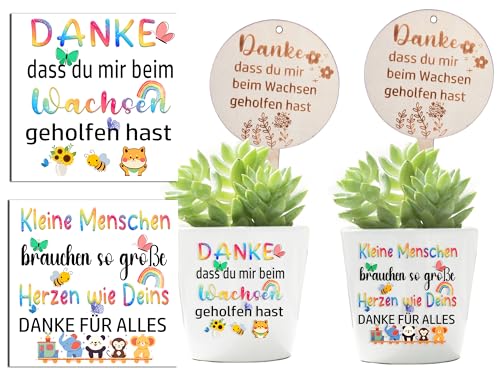 4 Schriftzug Aufkleber für Blumentopf +4 Blumenstecker aus Holz| Abschiedsgeschenk Kindergarten | Geschenkidee Erzieherin | Danke das du Mir Beim Wachsen Geholfen Hast, Danke für Die Schöne Zeit, ﻿ von MKISHINE