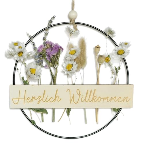 Trockenblumenkranz - Türkranz Herzlich hereinspaziert - Türkranz Trockenblumen - Schild Kranz Holz Metall 22cm Gravur Ring Türschild - hereinspaziert (Willkommensschild) von MKISHINE