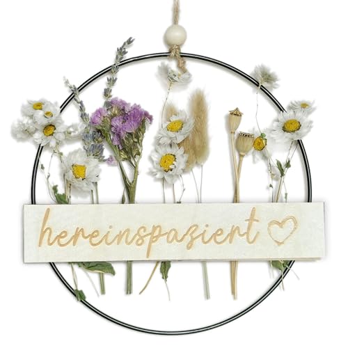 Trockenblumenkranz - Türkranz Herzlich hereinspaziert - Türkranz Trockenblumen - Schild Kranz Holz Metall 22cm Gravur Ring Türschild - hereinspaziert von MKISHINE