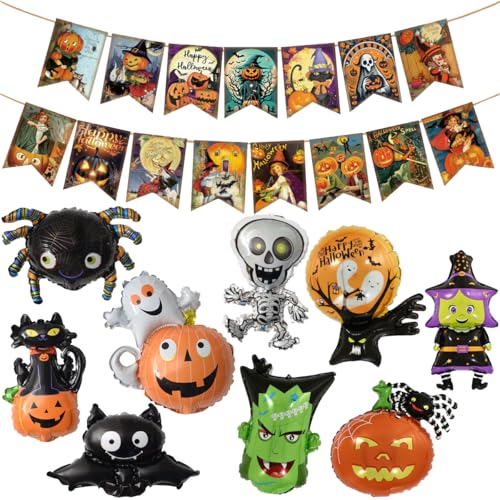 10 Stücke Halloween Deko Luftballons und 1 Halloween Banner, Grusel Wimpelgirlande, Halloween Mylar Folienballon mit Kürbis, Geist, Fledermaus, Vampir, Hexenballon für Halloween Party Zubehör von MKKZLPN