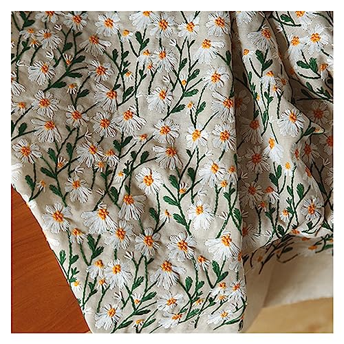 Bestickter Baumwollstoff 50x135cm Retro Art Daisy Stickerei Stoff Baumwolle Leinen 3D Daisy Jacquard Stoff for DIY Kleid Tischdecke Tasche Kissen Material (Color : As Photo, Size : 200x135cm) von MKLHAVB