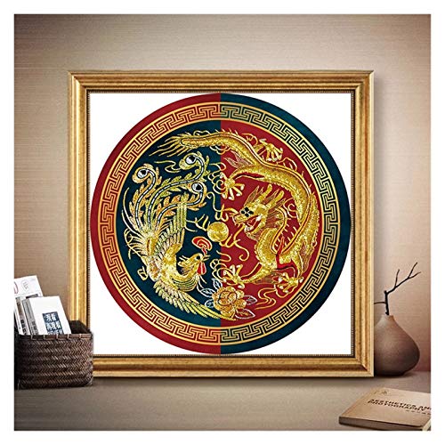 kreuzstich Drache und Phoenix Runde Muster Chinesische Kreuzstich Stickerei Kits 11CT Baumwollfaden Malerei DIY Handscheibe DMC Wohnkultur (Size : 11CT 52x52cm Silk) von MKLHAVB