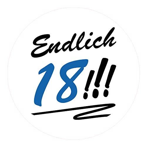 Geburtstagsaufkleber 18. Geburtstag blau | 54 Stk. Aufkleber | Sticker "Endlich 18!!!", rund 3 cm von MKM Print