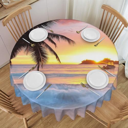 MKNAZ Runde Stofftischdecke mit Sonnenaufgang, tropische Palmeninsel, bedruckt, 152,4 cm, dekorative Tischdecke für Küche, Esszimmer, Partys, Hochzeiten, Picknick von MKNAZ