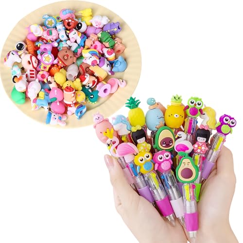 10 Stück Versenkbare Kugelschreiber mit 30 Cartoon Stiftkappen - 4 Farben Mini Stifte Kreativer Süßer Stift Retractable Kugelschreiber für Büro Schulbedarf für Kinder Schüler Hausaufgaben Schule Büro von MLLTech