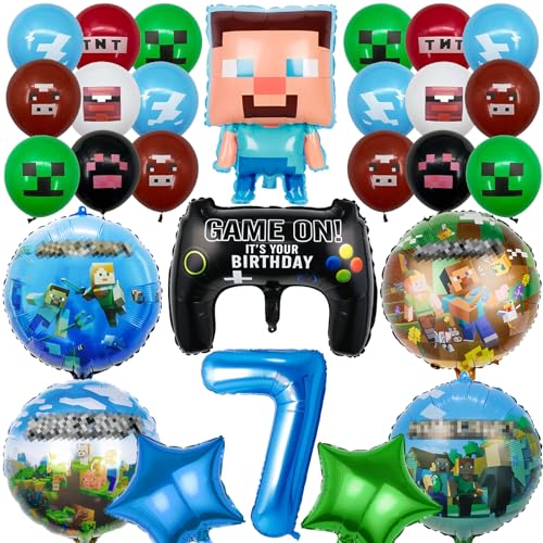 MLPNFLOS 27 Stück Pixe Geburtstagsdeko 7 Jahre Junge, Video Game Luftballons Geburtstag Set, Kindergeburtstag Set Folienballon, Geburtstag Party Deko Ballons Set für Kinder (7) von MLPNFLOS