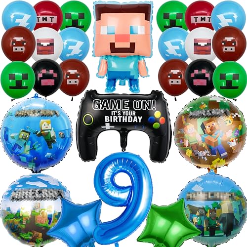 MLPNFLOS 27 Stück Pixe Geburtstagsdeko 9 Jahre Junge, Video Game Luftballons Geburtstag Set, Kindergeburtstag Set Folienballon, Geburtstag Party Deko Ballons Set für Kinder (9) von MLPNFLOS