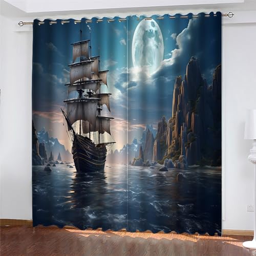 MLUNKQAIL Blickdichte Verdunklungsvorhänge Segelboot Schlafzimmer Kinderzimmer Vorhänge Landschaft Blickdichte Gardinen Wohnzimmer 2Er Set 100X160cm (BxH) von MLUNKQAIL