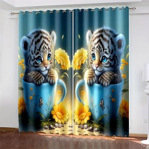 MLUNKQAIL Verdunklungsvorhänge Kleiner Tiger Vorhänge Blickdicht Sonnenblume Gardinen mit Ösen Wärmedämmvorhang Verdunklungsdekoschal Gardinen Wohnzimmer 2Er Set 100X160cm (BxH) von MLUNKQAIL