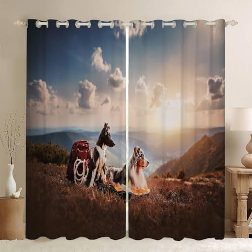 MLUNKQAIL Verdunklungsvorhänge Schafhund Vorhänge Blickdicht Grasland Gardinen mit Ösen Wärmedämmvorhang Verdunklungsdekoschal Gardinen Wohnzimmer 2Er Set 50X140cm (BxH) von MLUNKQAIL