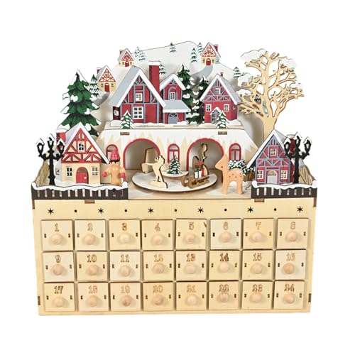 MLWSKERTY Urlaubsholzvorteile Kalender Einzigartige Holz Weihnachten Countdowns Kalender Mit LED Szene Und 24 Überraschungsschubladen von MLWSKERTY