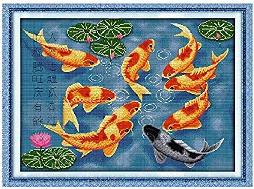 Kreuzstich Stickpackungen Vorgedruckt Anfänger Goldfisch im Wasser 11CT Stamped Cross Stitch Pre-Printed Pattern Stickerei DIY Kinder Erwachsene Home Decoration 40x50cm von MLZSMYXGS