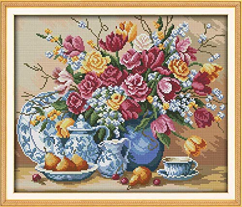 Kreuzstich Stickpackungen Vorgedruckt Anfänger Obst- und Rosenvase 11CT Stamped Cross Stitch Pre-Printed Pattern Stickerei DIY Kinder Erwachsene Home Decoration 16x20 Zoll von MLZSMYXGS