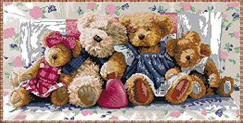 Kreuzstichset Für Erwachsene Teddybär-Party 11CT Full Range of Embroidery Starter Kit DIY Kinder Erwachsene Familie Dekoration 40x50cm von MLZSMYXGS