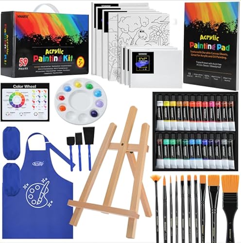 Komplettes Acrylfarben-Kunst-Set, 59-teiliges Set mit Holzstaffelei, Farbtuben, Pinseln, Leinwand-Pad, blauer Schürze Komplettes Acrylfarben-Kunst-Set, 59-teiliges Set mit Holzstaffelei, Farbtuben, Pinseln, Leinwand-Pad, blauer Schürze von MMARTE