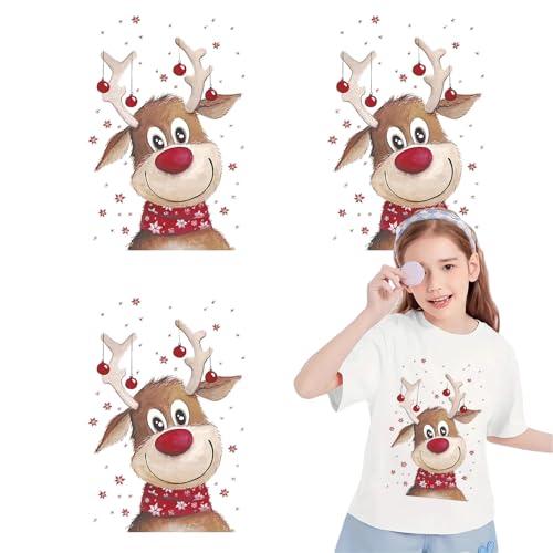 3 Blatt Weihnachts-Bügelbilder für T-Shirts, niedliche Rentier-Wärmeübertragung, Weihnachts-Vinyl-Bügelbilder, Kostüm für Weihnachten, Kleidung, Kissen, Kapuzenpullover, DIY-Dekoration von MMNHJHUT