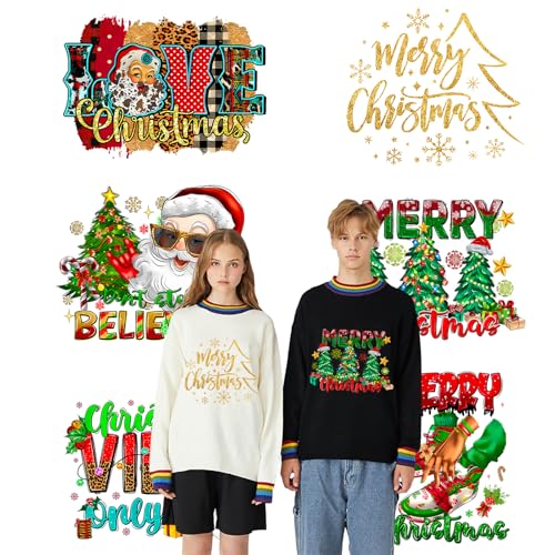 6 Blatt Weihnachts-Bügelbilder, Weihnachtsmann, Weihnachtsbaum, Schneemann, Bügelbilder für T-Shirts, Winter-DTF-Transfers, bereit zum Aufbügeln, Wärmetransfer, Vinyl-Bügelflicken für Kleidung, Kissen von MMNHJHUT