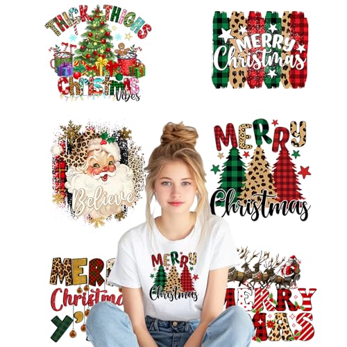 6 Bögen Weihnachts-Bügelbilder für T-Shirts, Winter Xmas Heat Vinyl Bügelbilder mit Weihnachtsmann, Weihnachtsbaum, Schneemann, Rentier Design für Kleidung, Kissen, Kapuzenpullover, Bastelbedarf von MMNHJHUT