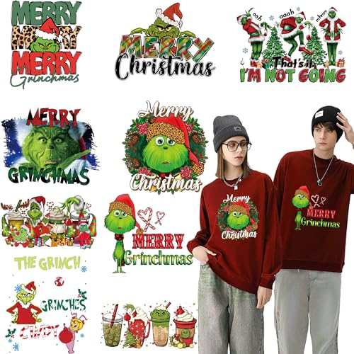 9 Blatt Bügelbilder Weihnachten Wärmeübertragungen für T-Shirts Weihnachten Eisen auf Aufkleber Xmas HTV Vinyl Iron on Decals für Kleidung Kissen Hoodie DIY Handwerk Supplies Weihnachtsdekoration von MMNHJHUT