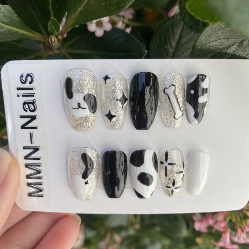 Nägel Aufdrücken | Druckkn Auf Gelpresse Fake Kawaii Handgedruckte Hundenägel Niedliche L Schwarze Und Weiße von MMNnails