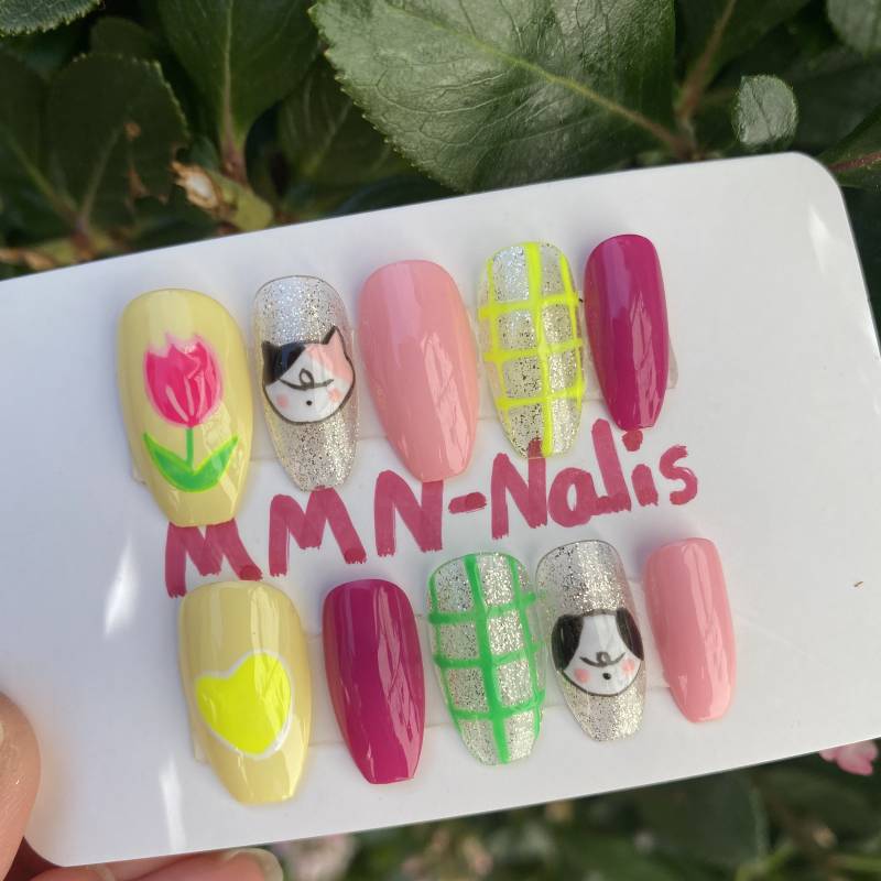 Nägel Aufdrücken | Kawaii Cartoon Handgedruckte Gelpresse Auf Fake Hundenägel Katzennägel Blumennägel von MMNnails