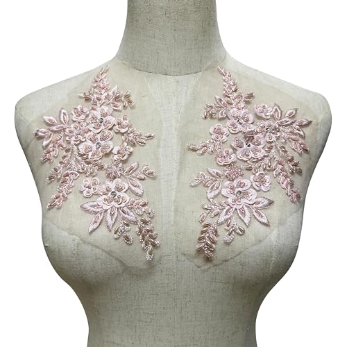 MMvloesy 1 Paar rosa 3D-Pailletten mit Perlen zum Aufnähen, bestickte Spitzenapplikation, Hochzeitskleid, Brautkleid, Kopfschmuck, Verzierung, DIY-Aufnäher, Bekleidungszubehör, 20,3 x 10,2 cm von MMvolesy